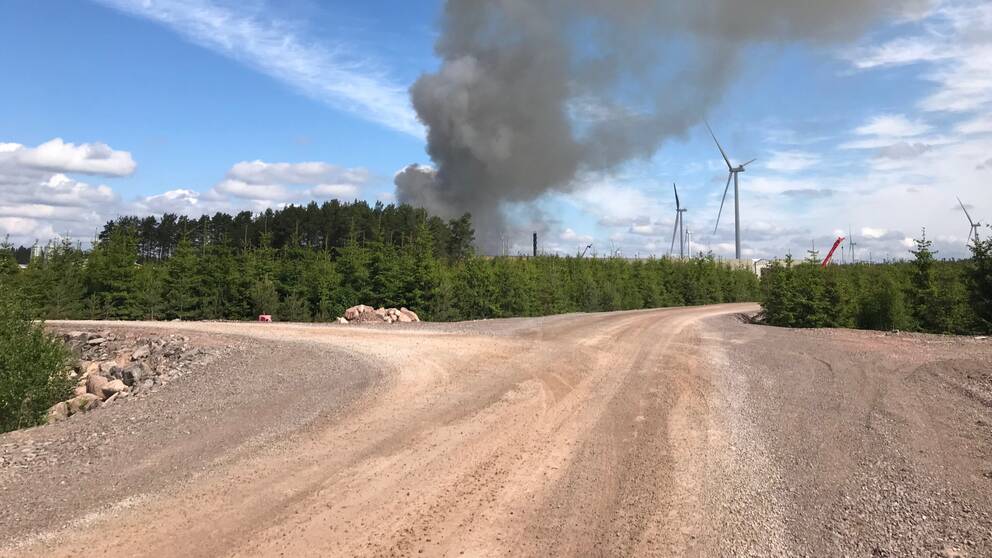 Svart rök över en skog i samband med en brand i ett stall.