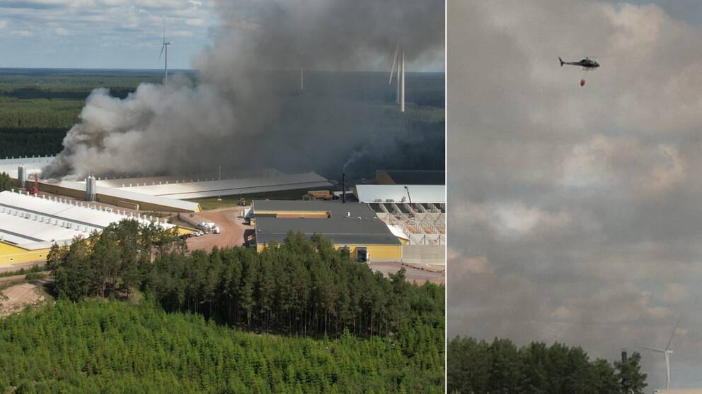 Bild på brinnande byggnaden och en vattenbombande helikopter.
