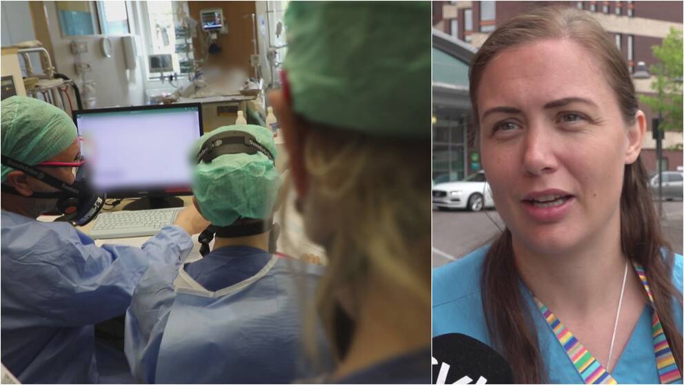 Tvådelad bild. Sjukhuspersonal med mask och huvudbonad framför skärmar. Porträtt kvinna i arbetskläder utanför sjukhuset.