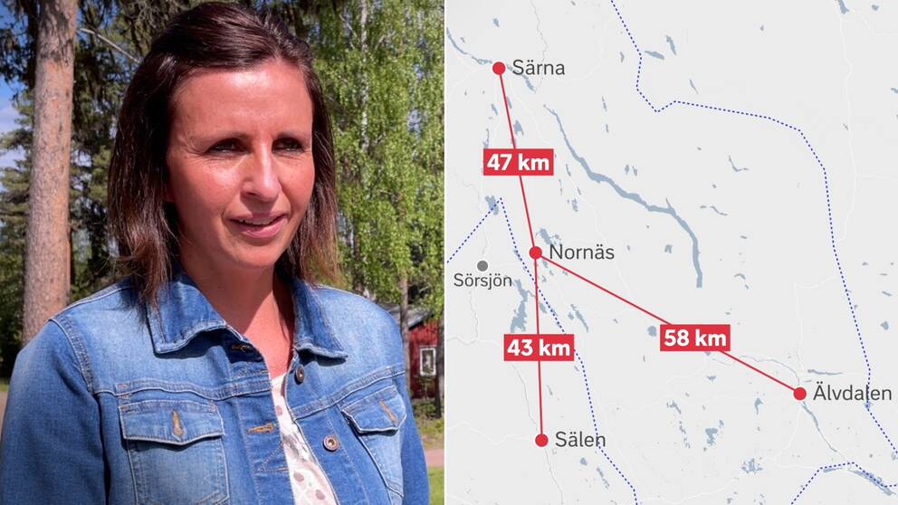 Delad bild – en kvinna med mörkt hår och jeansjacka till vänster. Till höger en bild på en karta hur långt det är till Särna, Älvdalen och Sälen från Nornäs.
