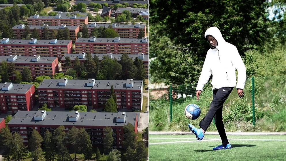 flygbild över bostadsområde med stora lägenhetshus, samt bild på en kille som bollar med en fotboll