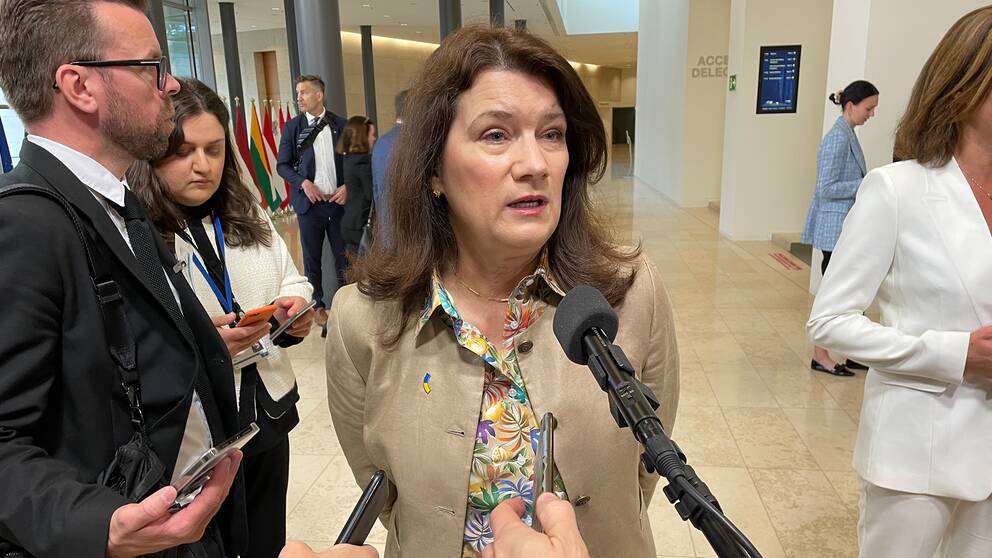 Utrikesminister ann Linde pratar med media när hon anländer till EU-möte i Luxemburg.