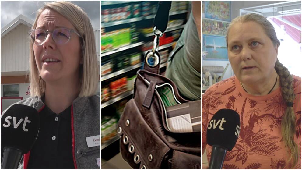 Tredelad bild. Borträtt på två kvinnor vid sina butiker. En genrebild med en fylld väska i en butik bland massa varor.