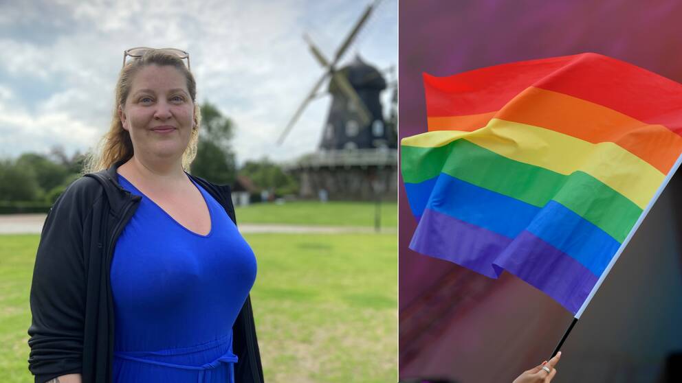 Anna Tenfält och en bild på en prideflagga.