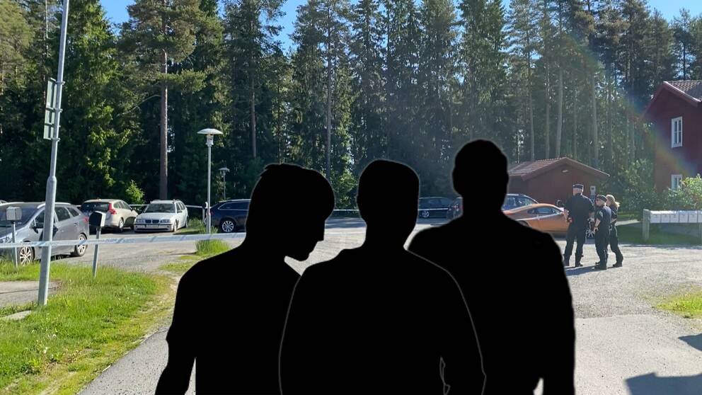 Tre siluetter framför en parkeringsplats där några poliser står