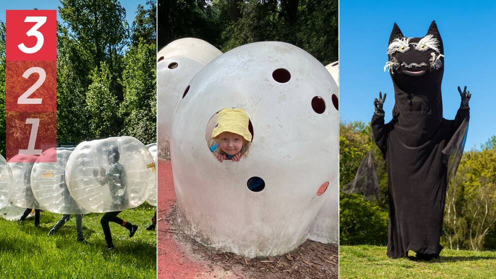Personer som spelar bubbleball., ett barn som lekar i en äggliknande hydda och bild på Sommarskuggan,
