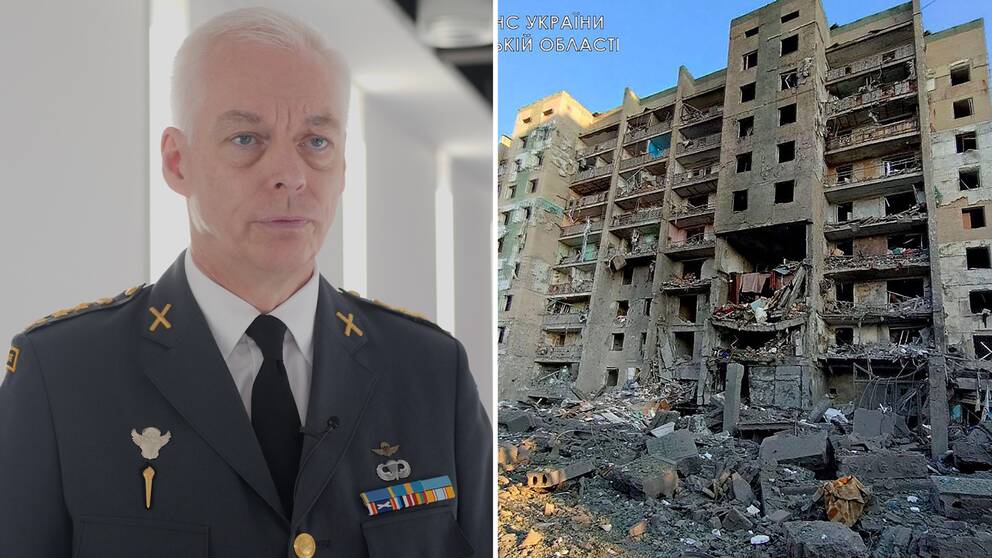 Överstelöjtnant Joakim Paasikivi till vänster. Förstört bostadshus i Odessa till höger.