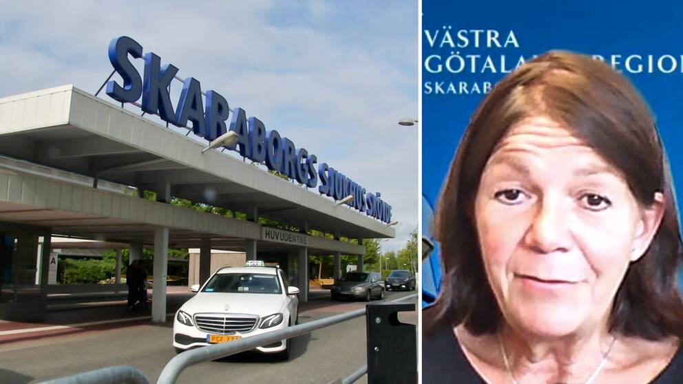 Till vänster Skaraborgs sjukhus fasad, till höger Annette Trenge Jarlshammar.