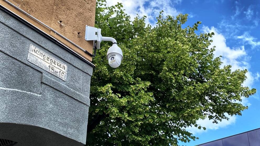 kamera monterad på hörnet av ett hus, trädkrona bakom