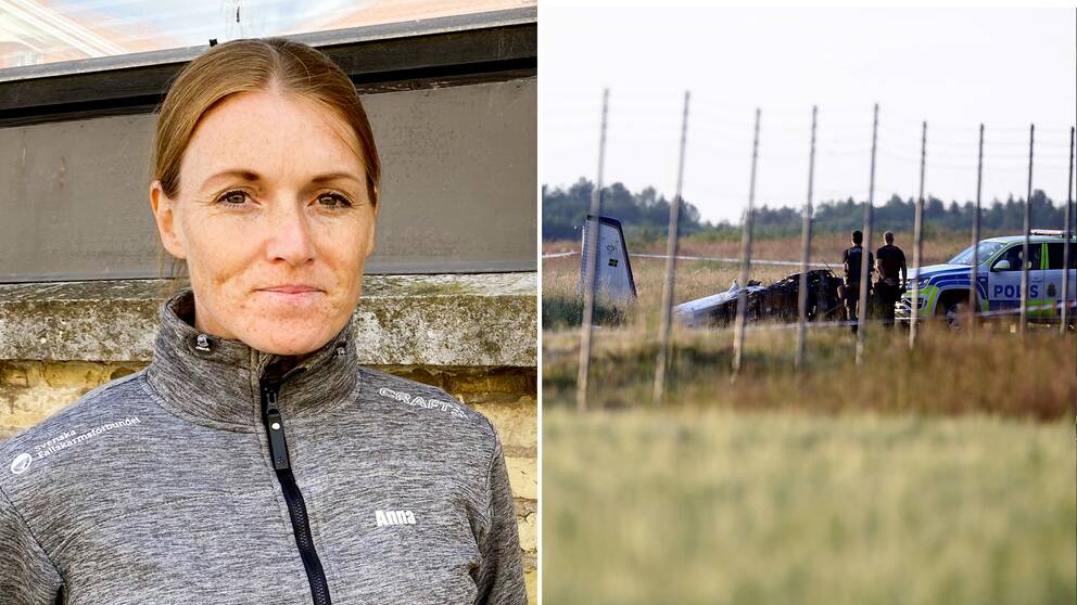 Anna Oscarson, Svenska Fallskärmsförbundet. Bild efter olyckan – flygplansvrak, polisbil och siluett av två poliser (TT)