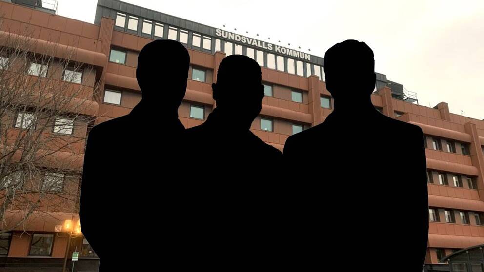 kollage: tre siluetter av män ovanpå en bild av Sundsvalls kommunhus