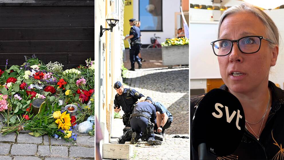 Blommor vid brottsplatsen i centrala Visby/ Gärningsmannen grips/ åklagare Petra Götell.