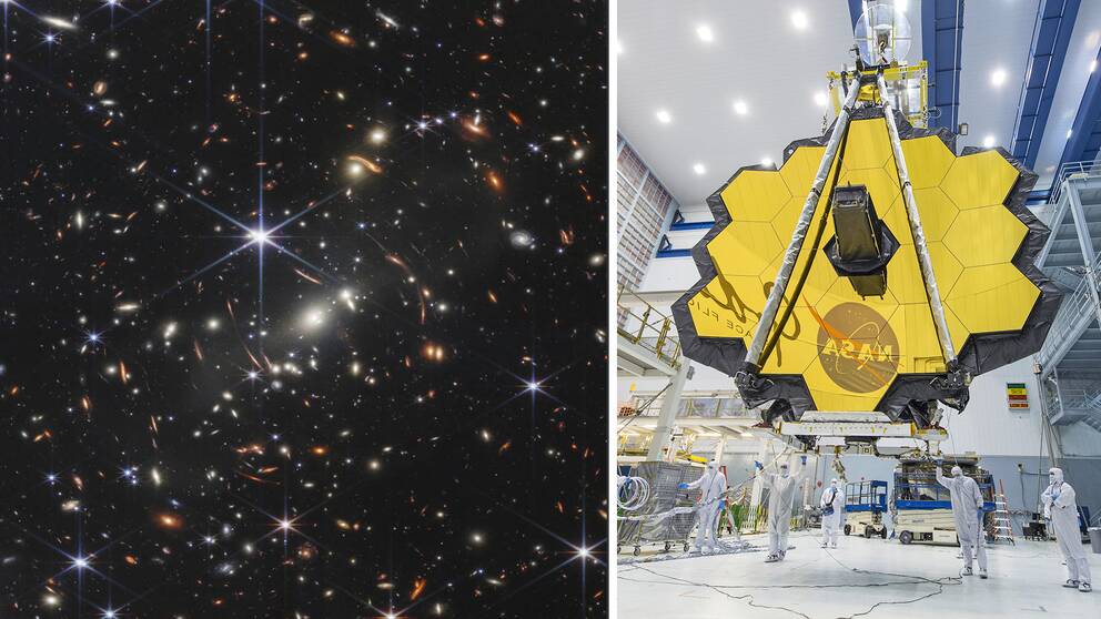 Den djupaste bilden av universum bredvid en bild på rymdteleskopet James Webb.