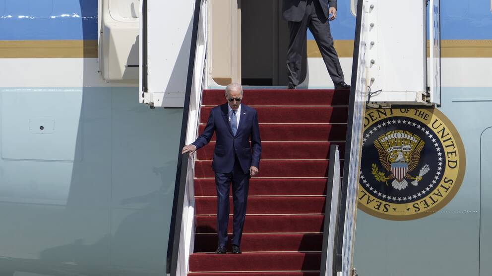 USA:s president Joe Biden vid sin ankomst till Ben Gurion International Airport nära Tel Aviv, Israel onsdagen den 13 juli.