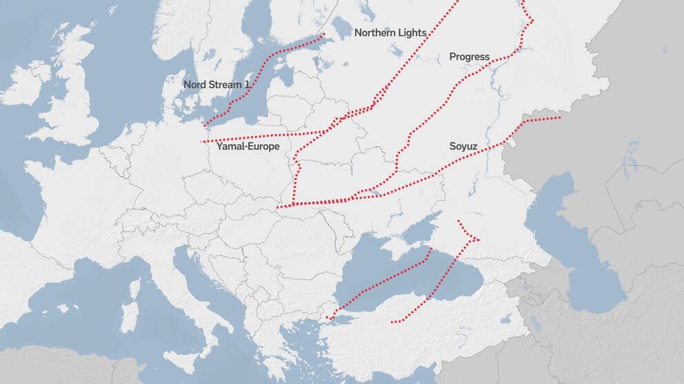 Grafiken visar gasledningar från Ryssland till Europa.
