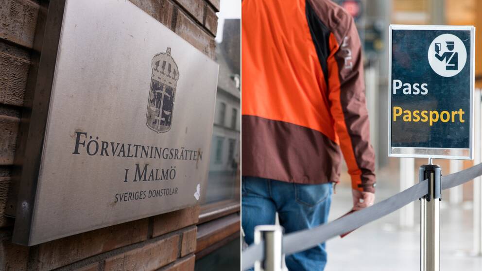 Bild på en skylt utanför Förvaltningsrätten i Malmö och bild på en passkontroll.