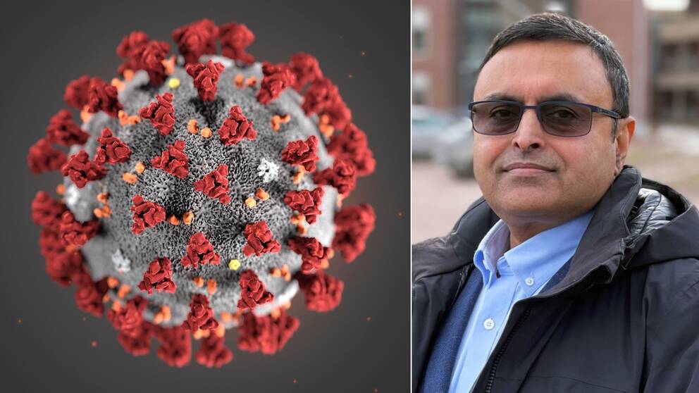En modell av Corona-viruset och smittskyddsläre Shah Jalal i ett collage.