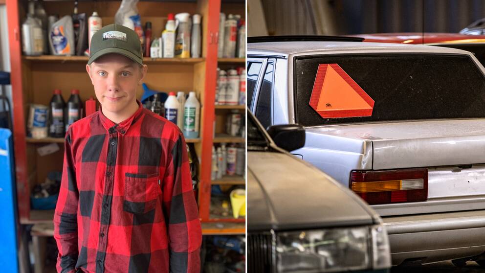 Två bilder i en. Till vänster: Wille Holmberg, grön keps och röd- och svartrutig skjorta. Står i ett meckgarage. I bakgrunden färgburkar och oljor i trähylla. Till höger: närbild på en silvrig EPA, ett foto taget från vänster sida.