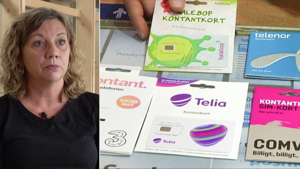 En kvinna, delad bild med massa olika kontantkort för mobiltelefoner