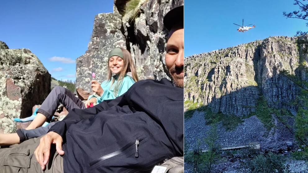 Delad bild – till vänster en bild på en ung flicka och en man som sitter vid en bergvägg. Till höger en bild på höga klippor och en räddningshelikopter.