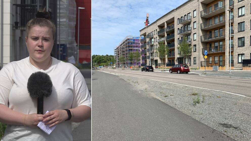 Tv kvinna i vit t-shirt. th bild på mordplatsen.