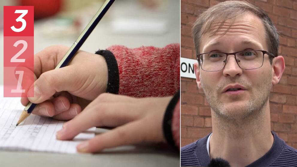 Delad bild – till höger en man glasögon, till vänster en bild på ett barn som skriver skrivstil.
