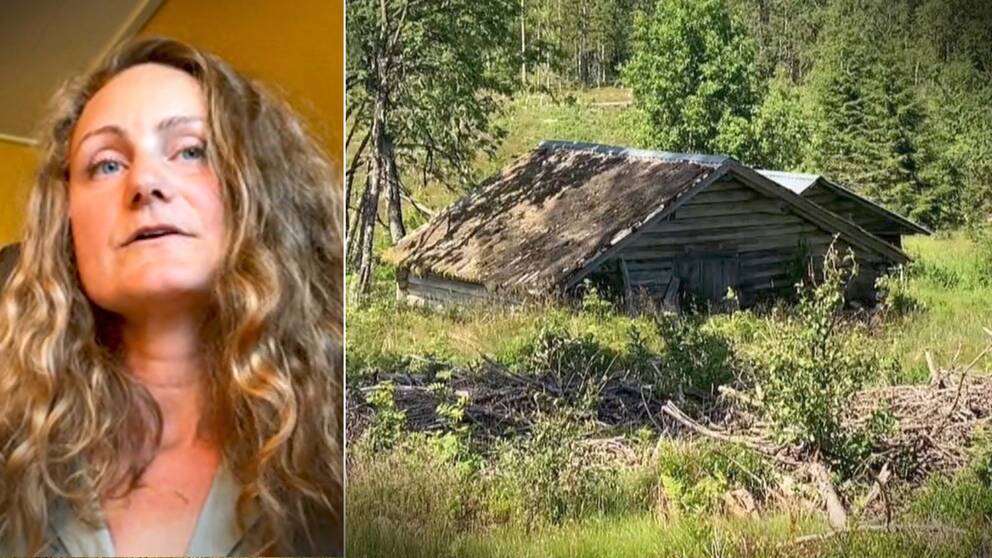 Delad bild – till vänster en kvinna med blont lockigt hår, till höger en bild på en grånad byggnad, det vill säga en fäbod.
