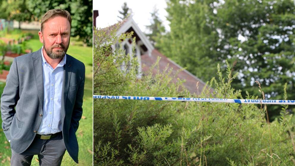 Tvådelad bild. Krister frykman i kavaj med med grönska i bakgrunden. Bild på den avspärrade fastigheten här polisen hittade knarkodlingen.