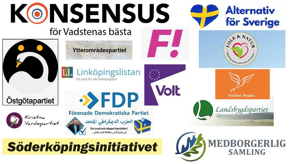 Partiloggor för fjorton partier som har valsedlar i de östgötska kommunvalen