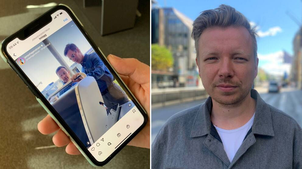Klipp från en mobiltelefon med Ulf Kristersson (M) och Jonas Fagerström. Bredvid en bild på Emanuel Karlsten som tittar in i kameran.