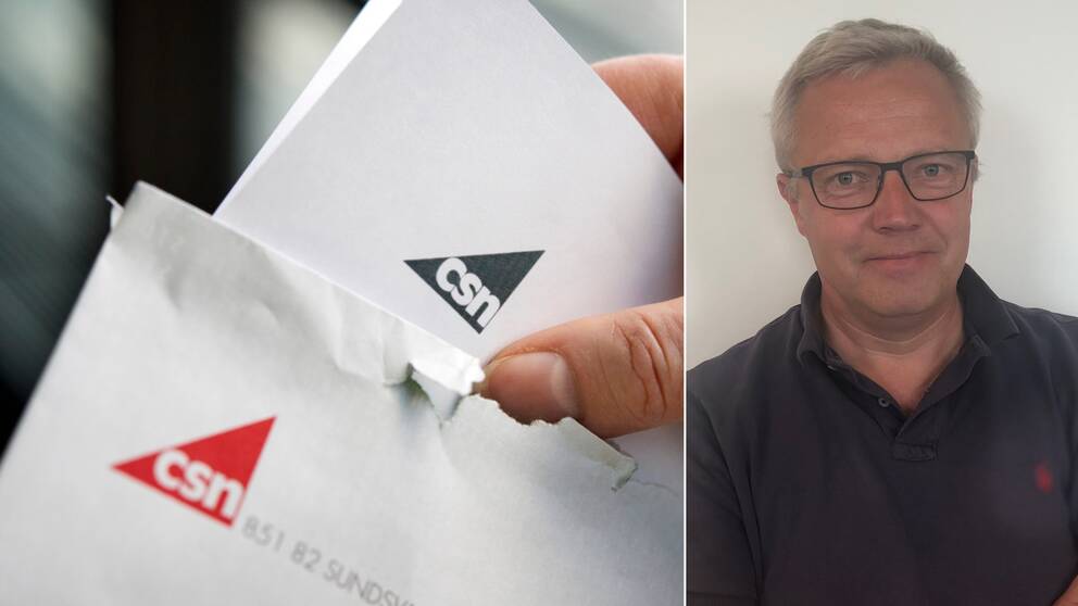 Bilden är delad i två. Den vänstra bilden är en bild på ett kuvert och ett brev från CSN, i bilden skymtar en tumme som håller i brevet. Den högra bilden är en bild på Carl-Johan Stolt som arbetar som utredare på CSN.