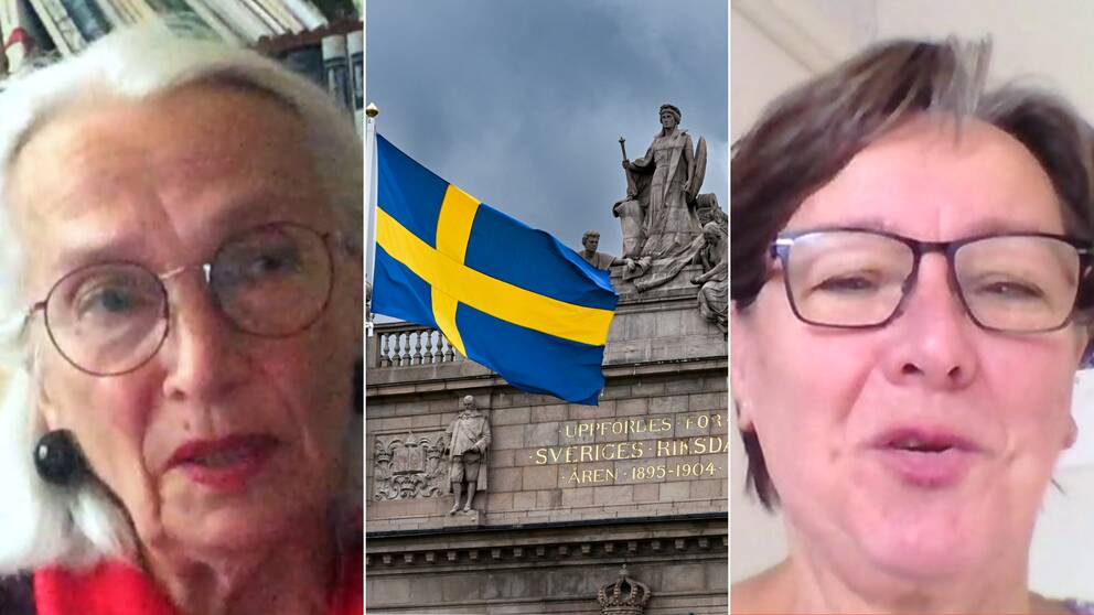 Eivor Olofsson ja Pirkko Karjalainen kommentoivat Ruotsin politiikkaa Teams-haastattelussa. Keskellä TT:n kuva valtiopäivätalosta.