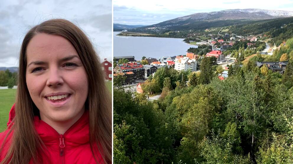 vy ner mot Åre by, samt närbild på leende ung kvinna.