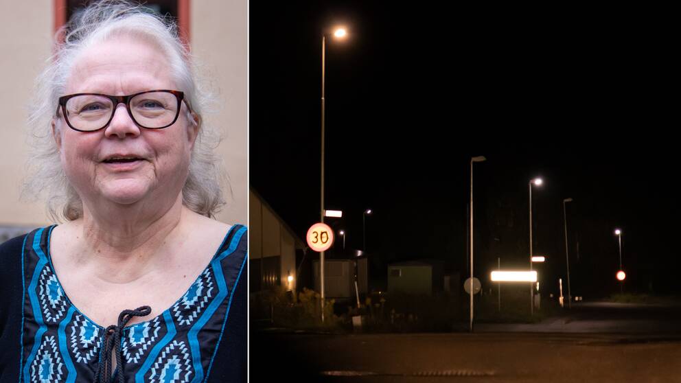 två bilder: porträtt på gråhårig kvinna med glasögon, samt gatubild i mörker