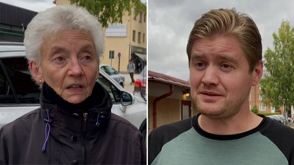 en äldre dam med vitt hår och en yngre man med blont hår.