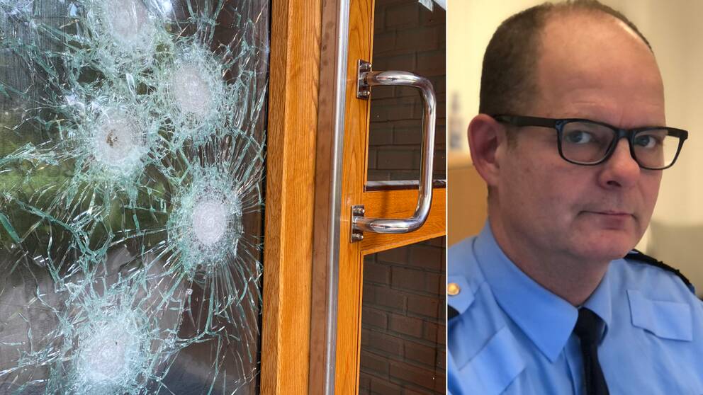 Bilden är delad i två. Den vänstra bilden är en bild på skotthål i en port till ett flerfamiljshus. Den högra bilden är en porträttbild på Mikael Backman, chef för polisområde Södermanland.