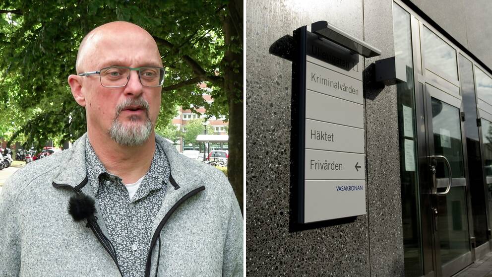 Till vänster Stefan Römer, ordförande Seko Kriminalvård väst, till höger en bild på häktet i Göteborgs entré.