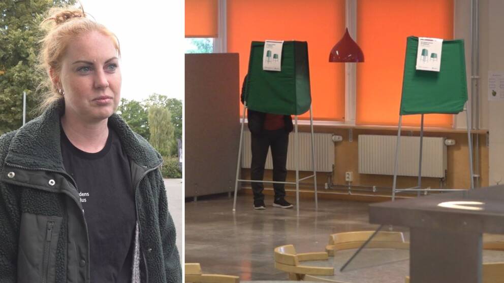 Två bilder. På första är det en ung kvinna. På andra är det en vallokal på valdagen och en person röstar bakom en grön skärm.