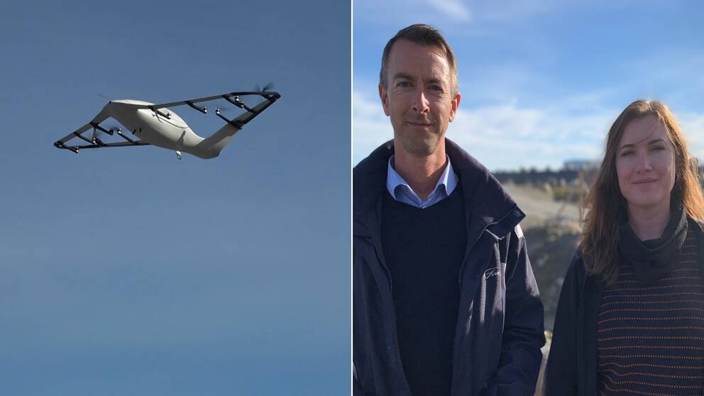 Bilden till vänster ser vi en vit drönare i luften och bilden till höger ser vi Henrik Littorin och Annelie Viksten som står bredvid varandra utomhus.