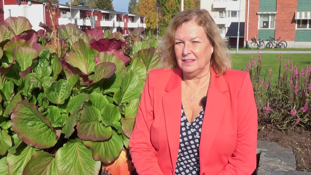 Kristina Axelsson, Centerpartiets gruppledare i Sorsele, står utomhus i solskenet och kommenterar faktumet att bara fyra partier är representerade i kommunfullmäktige i Sorsele.