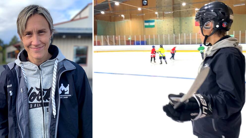 Ung kvinna i sportiga kläder, på andra bilden med hockeyhjälm och klubba, tittar ut på isen där barn tränar ishockey