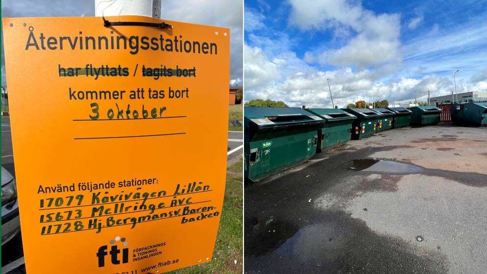 Två bilder – 1. Orange skylt med texten ”Återvinningsstationen kommer att tas bort 3 oktober” 2. Bild på containrar för återvinning, med asfaltsplan framför och blå himmel med vita, fluffiga moln bakom.