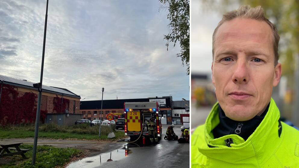 Till vänster syns industrilokalen i Gävle där en brand inträffade på tisdagsmorgonen. Till höger syns en porträttbild på räddningsledare Johan Kallin Strop.