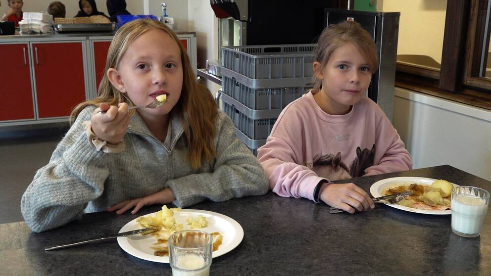 Två små skolbarn som sitter i en matsal med mjölkpumpen bakom. En har en grå tröja och stoppar in en gaffel med kokt potatis i munnen, medan den andra, i rosa tjocktröja, glor in i kameran.