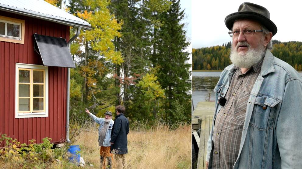 Splitbild. Till vänster två mindre figurer, den ena pekar på en solpanel på ett hus. Till höger ett porträtt av en äldre man med vitt skägg och hatt.