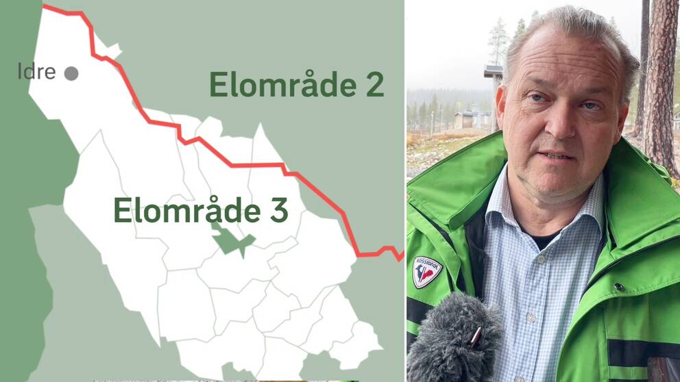 Delad bild – till vänster en bild på en karta över var gränsen för elområde två och tre går. Till höger en bild på en man med grönjacka.