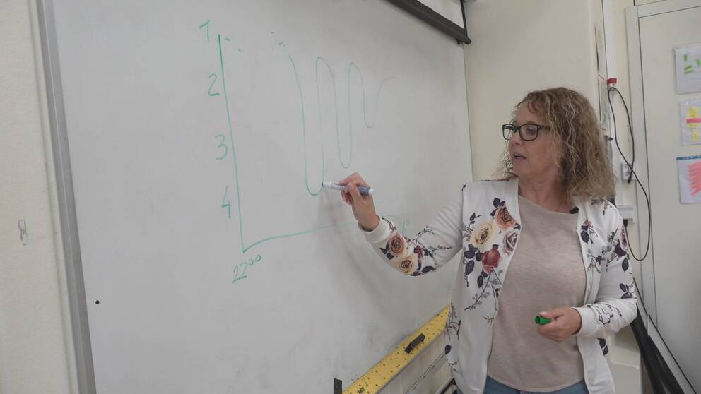 Anna Nygren, blont hår, har målat en sömncurva i grönt på en whiteboardtavla.