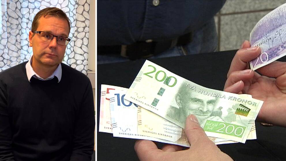 Marcus Adolfsson, skuldrådgivare i Karlstad, och bilder på sedlar