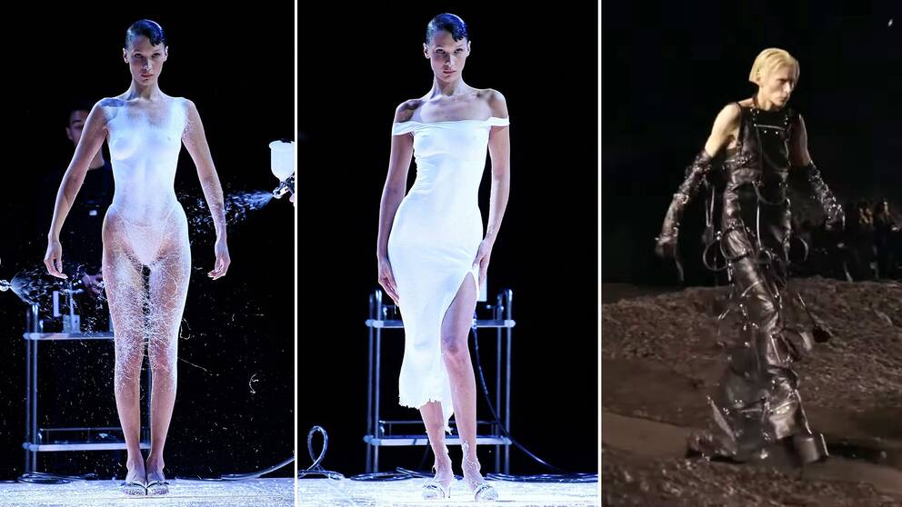 Se när Bella Hadids spraymålade klänning uppstår ur tomma intet, och Balenciagas modeller marscherar genom lervälling i Paris.