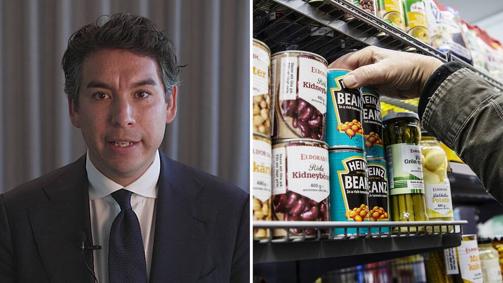 Américo Fernández, privatekonom vid SEB, bredvid en bild på en hand som plockar en burk vita bönor i mataffären.